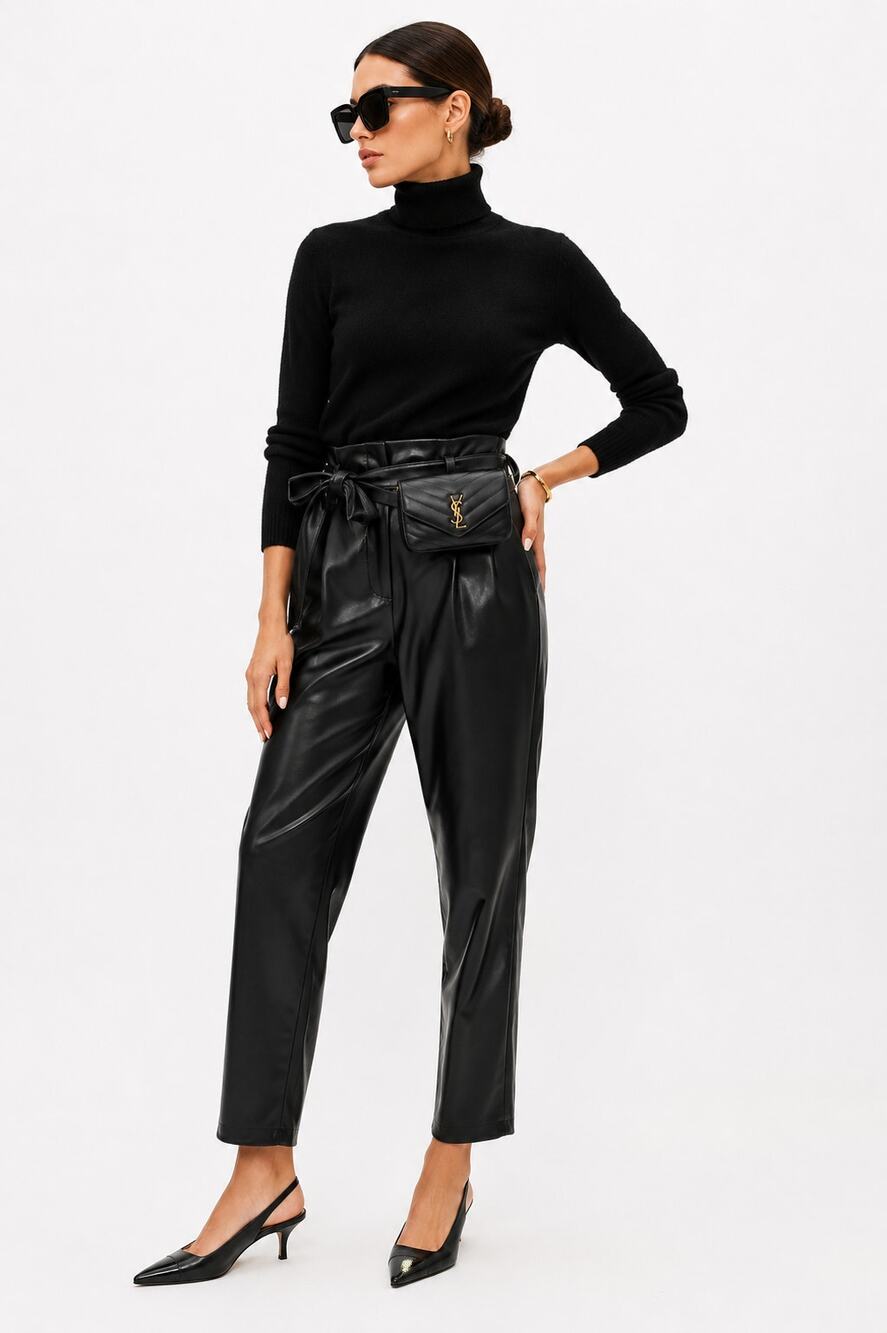 NWT Open Edit Black Faux Leather Paperbag Pants S High Rise Fall Motoered Moto